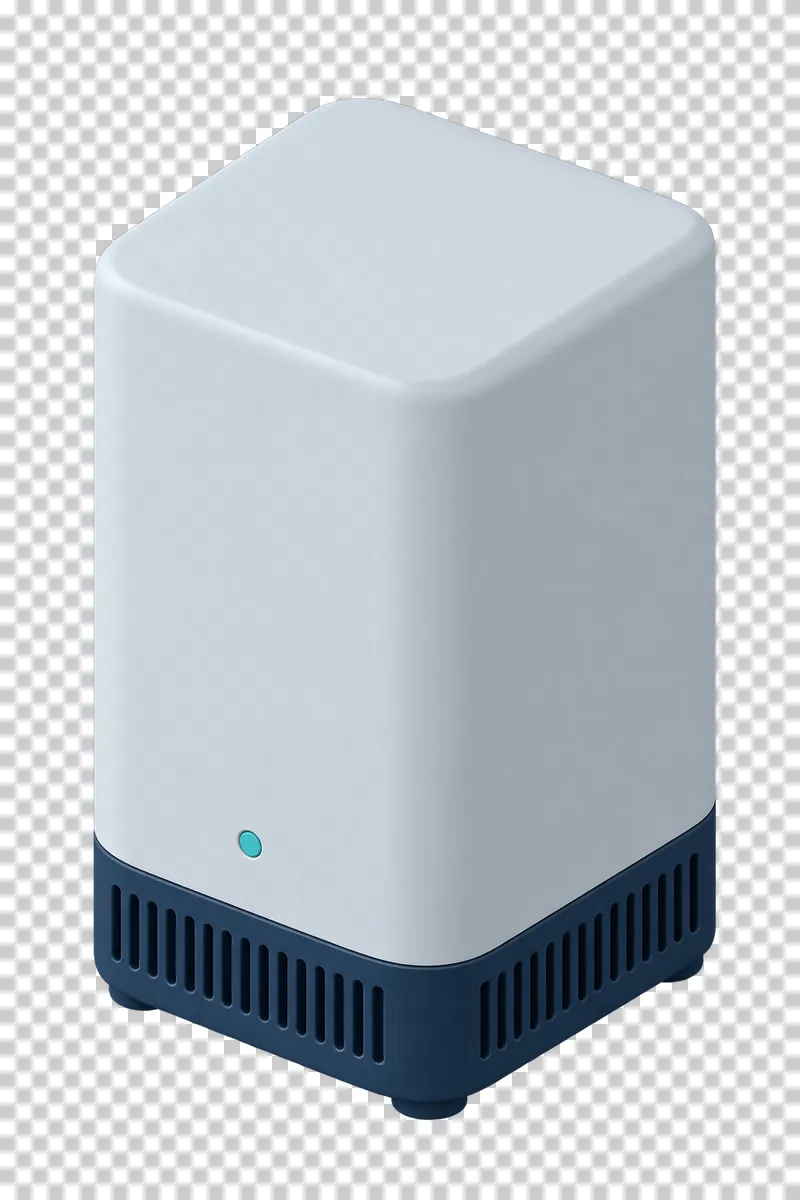 An upright light gray mesh network node with a navy vented base.