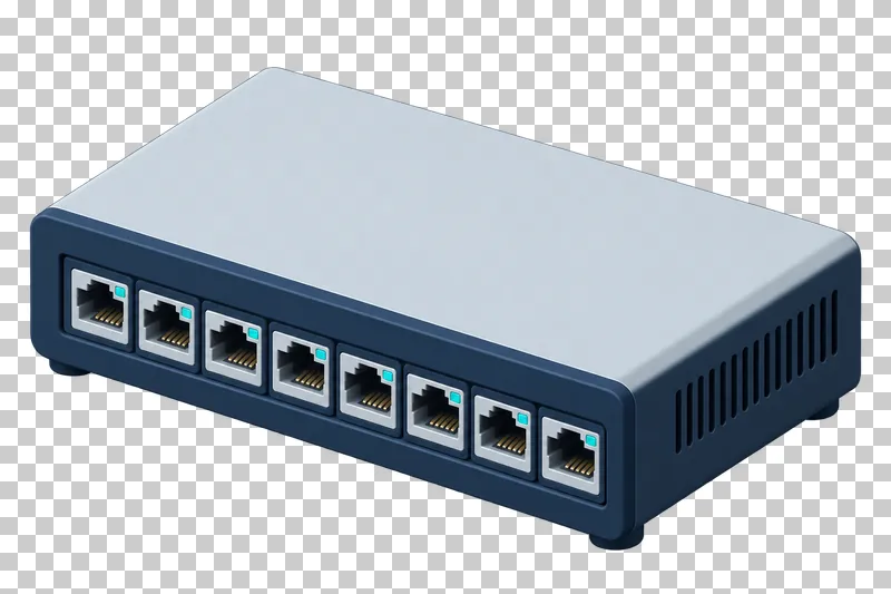 A compact network switch with eight evenly spaced Ethernet ports across its navy front.