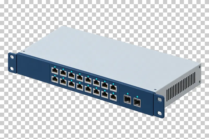 A rack network switch with two regular rows of Ethernet ports, optical module sockets and mounting ears.