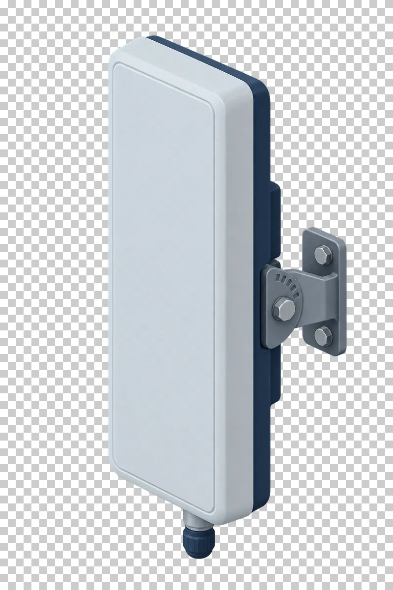 A tall light gray outdoor directional antenna with a navy edge and rear mounting hardware.