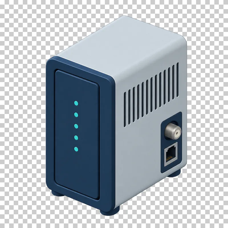 An upright navy and light gray modem with side vents, connection ports and small indicator lights.