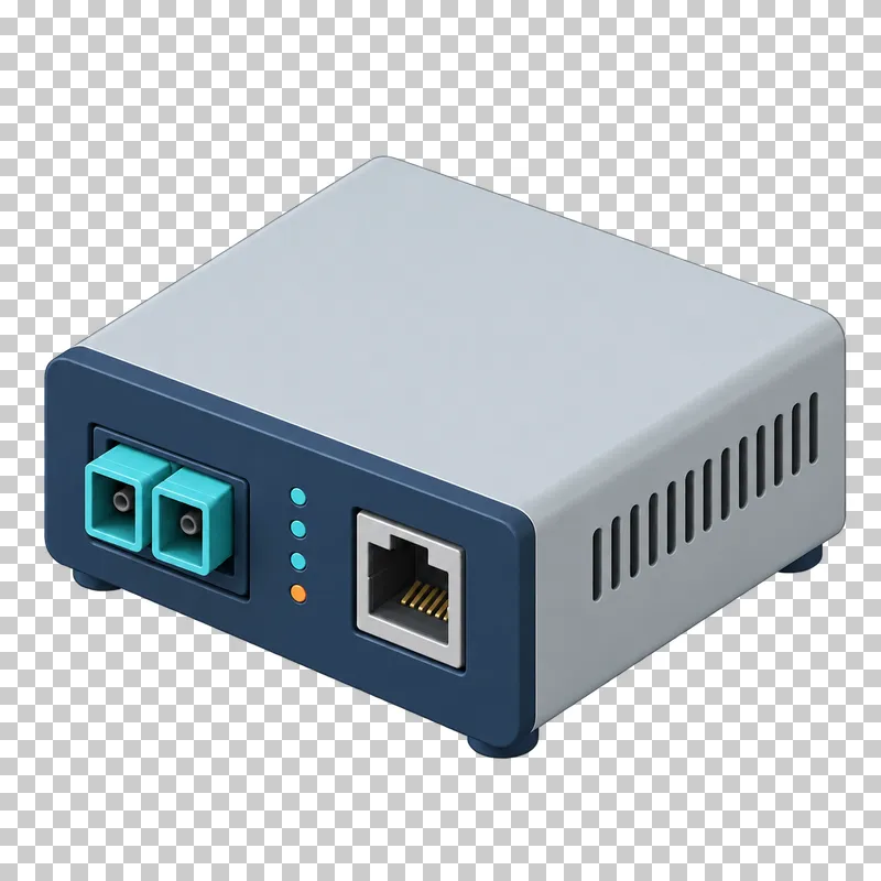 A compact light gray fiber media converter with green optical sockets, an Ethernet port and side vents.