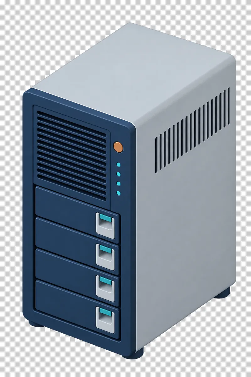 An isometric tower server with a navy front grille, stacked drive trays and a light gray enclosure.