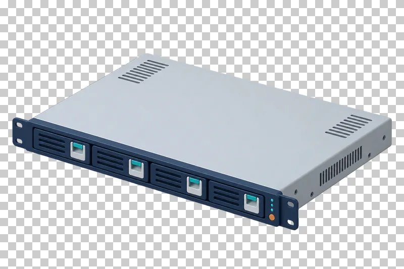 A thin 1U rack server with a navy front, drive trays, small ports and mounting ears.
