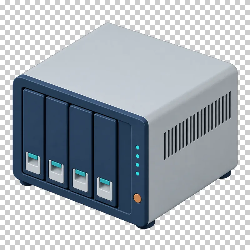 A four-bay NAS with four separate navy drive trays, small turquoise indicators and a vented light gray enclosure.