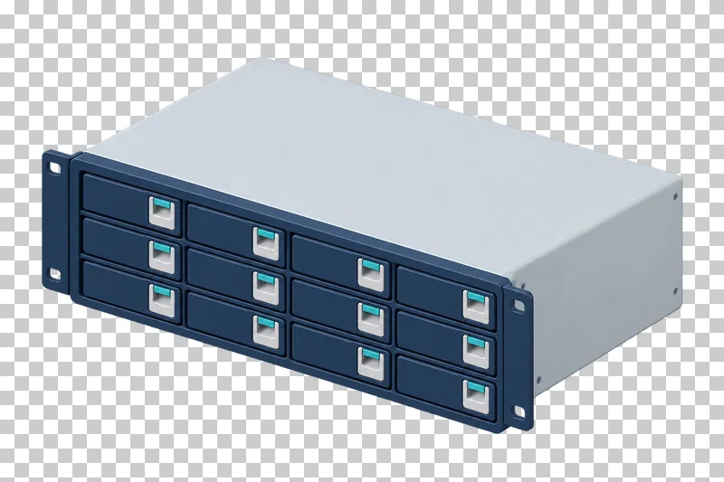 A rack disk array with regularly arranged navy drive trays, small indicators and a light gray top.