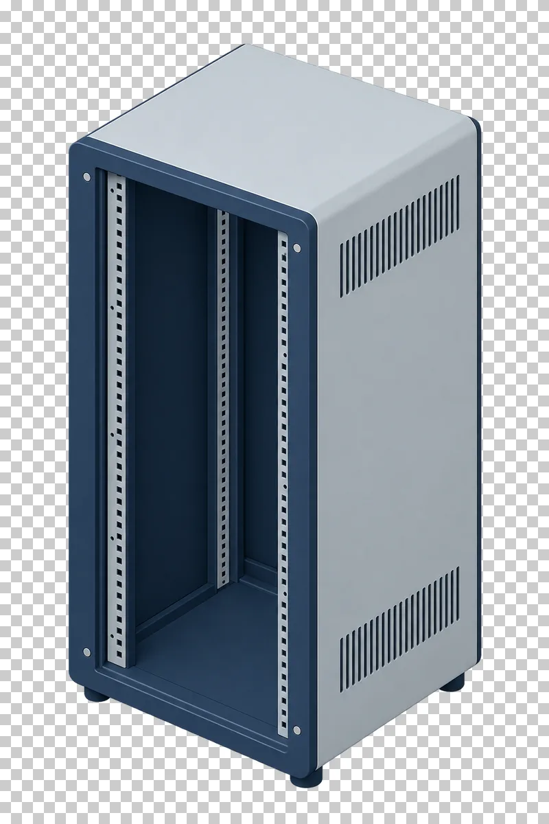 An empty light gray rack cabinet with an open front, straight navy mounting rails and side vents.