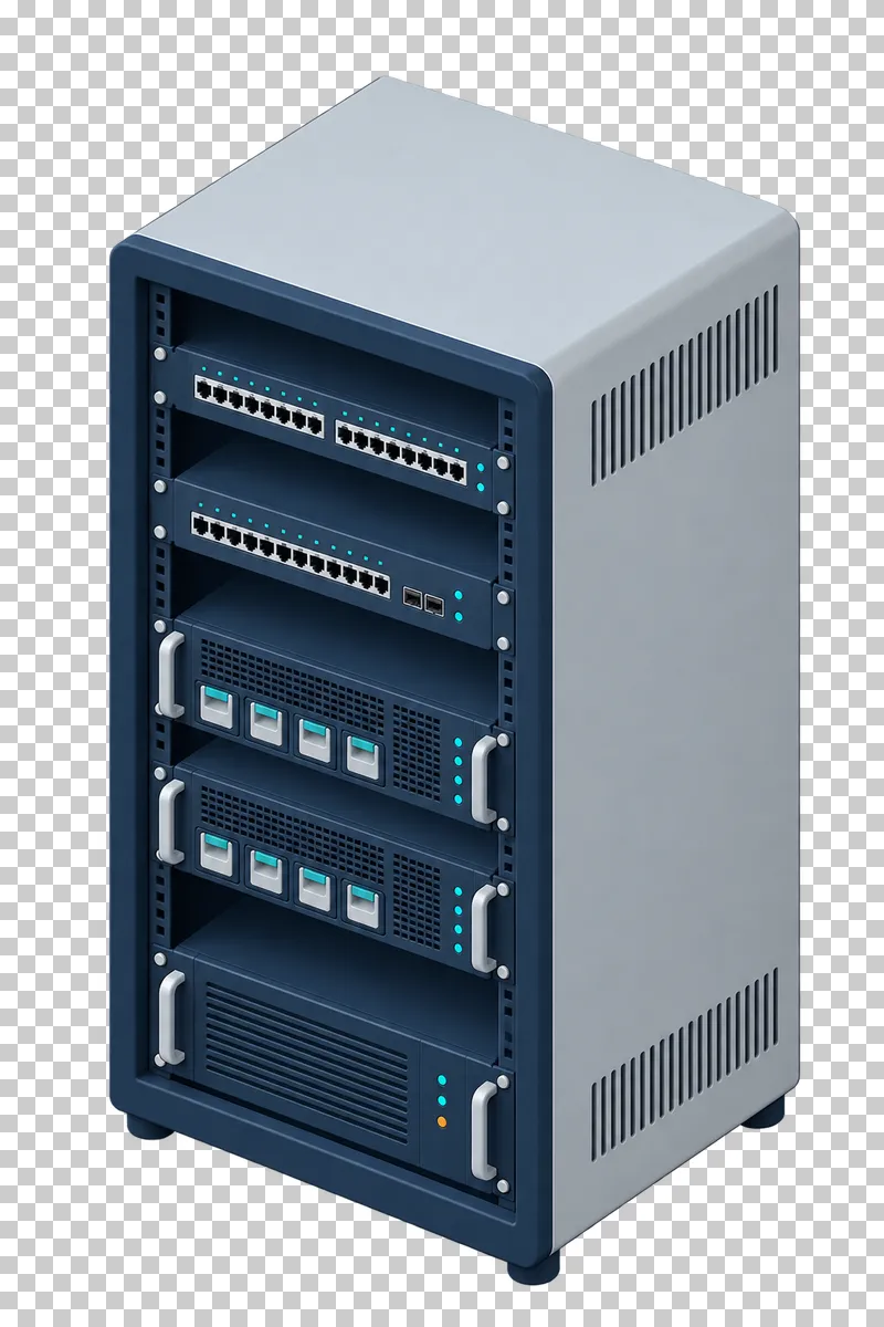 An open-front rack cabinet with network and server devices mounted in regular horizontal rows.