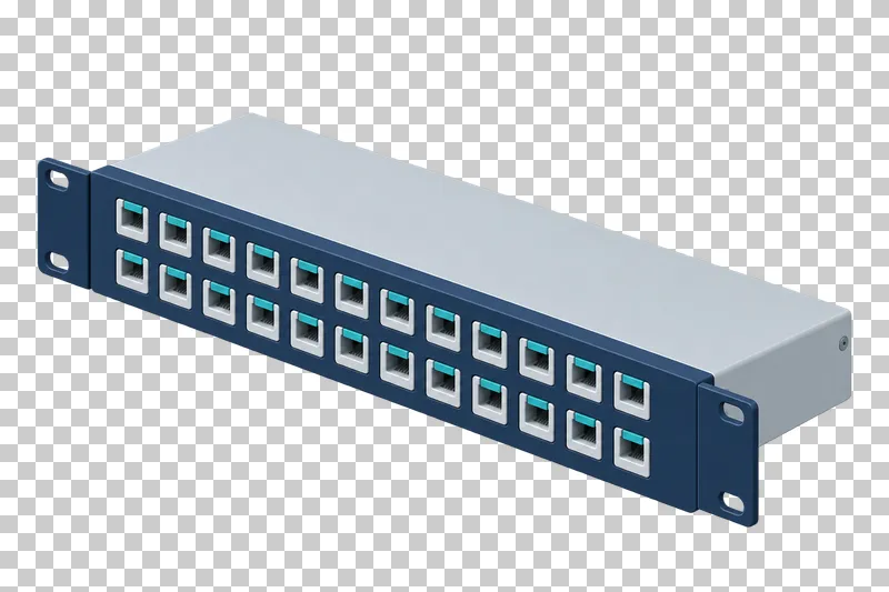 A navy rack patch panel with evenly spaced Ethernet sockets and light gray mounting ears.