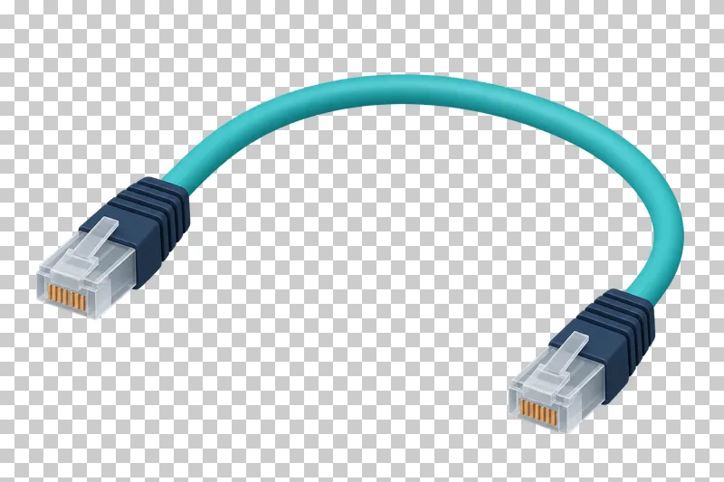 A complete turquoise Ethernet cable arranged in an arc with an RJ45 plug at each end.
