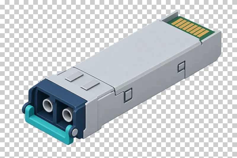 A slim light gray SFP transceiver with a turquoise optical end and a small pull latch.