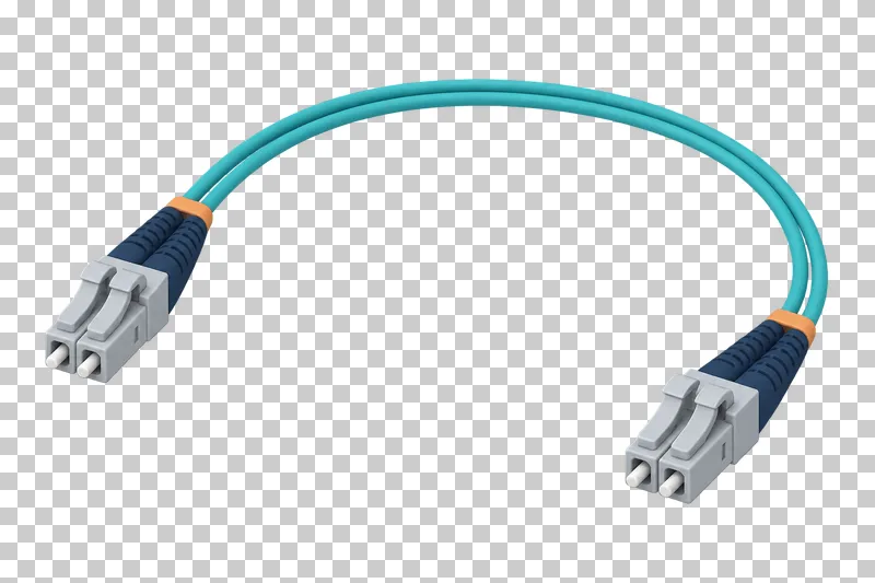 A complete turquoise fiber optic patch cord in a smooth arc with both optical connector ends visible.