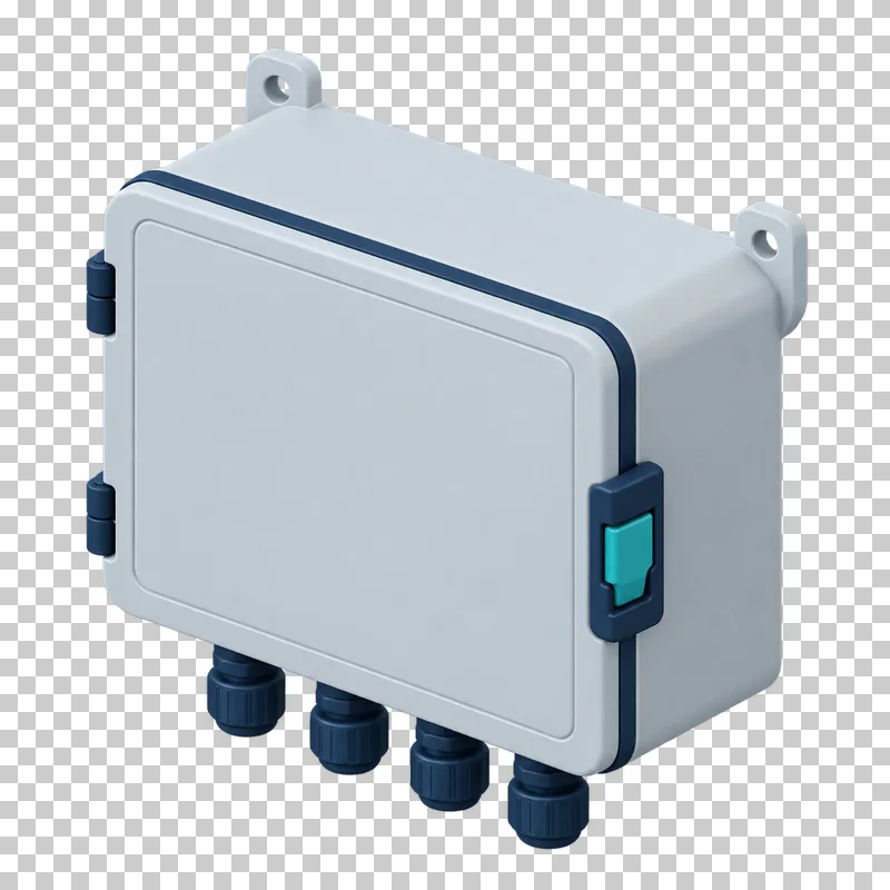 A light gray fiber termination box with a navy edge, recessed front panel and orderly cable entry points.