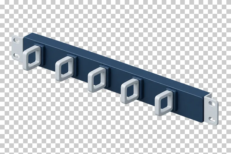 A navy horizontal rack cable manager with regularly spaced cable guides and light gray mounting ears.