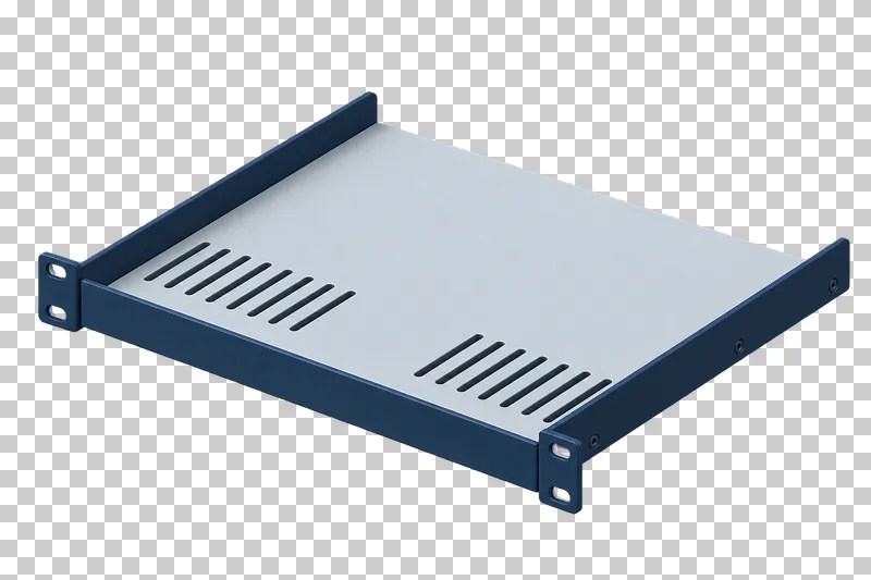 An empty light gray rack shelf with a navy frame, raised side edges and a regular perforation pattern.