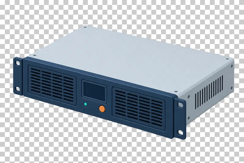 A rack UPS with a navy vented front, a blank dark display and light gray mounting ears.