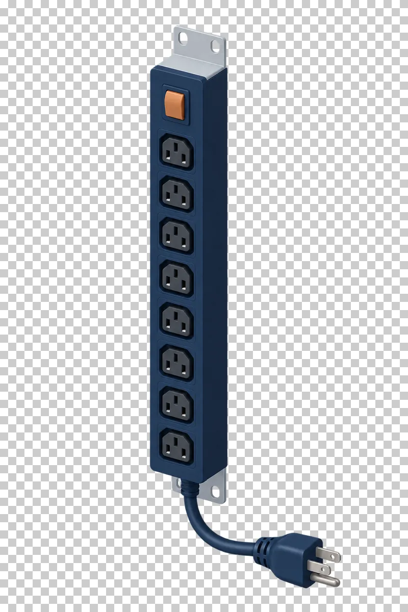 A vertical navy PDU with evenly spaced power outlets and a complete short input cable and plug.