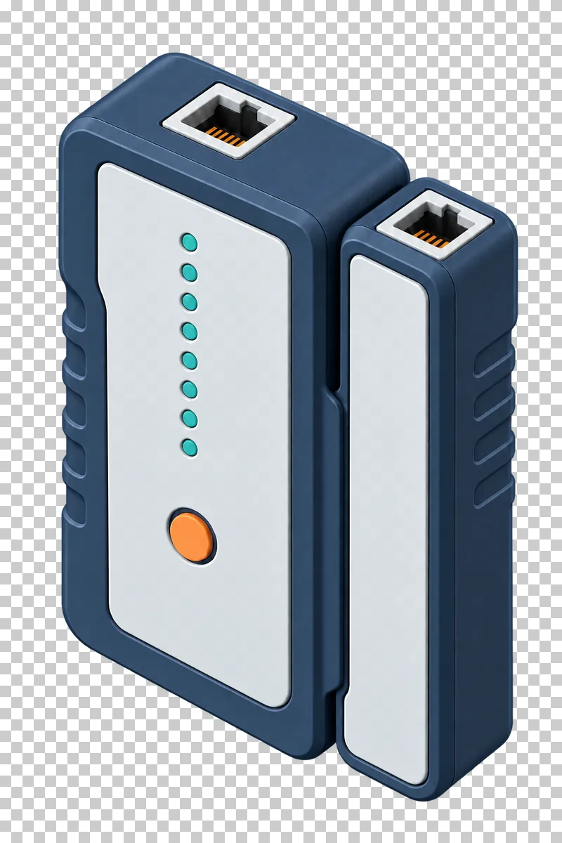 A light gray network cable tester with a matching remote unit, top sockets and regular turquoise indicators.