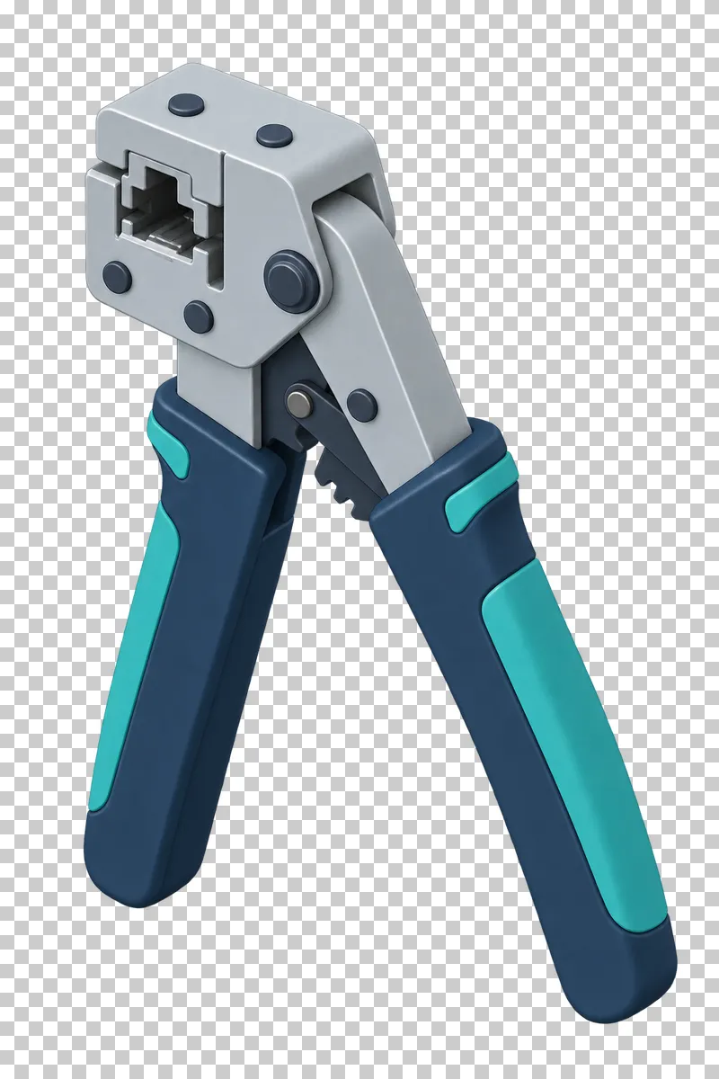 An RJ45 crimping tool with a shaped light gray metal head and navy handles with turquoise grips.