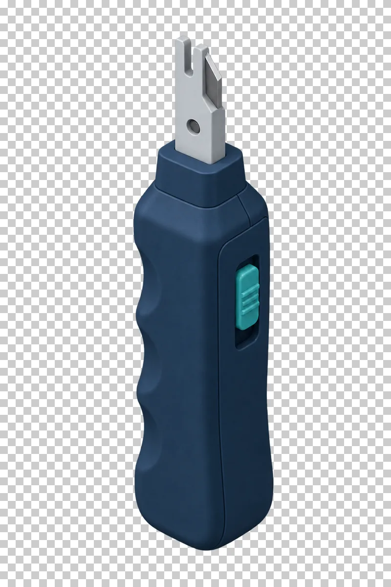 A navy and light gray punch-down tool with a narrow metal working tip and a turquoise grip accent.