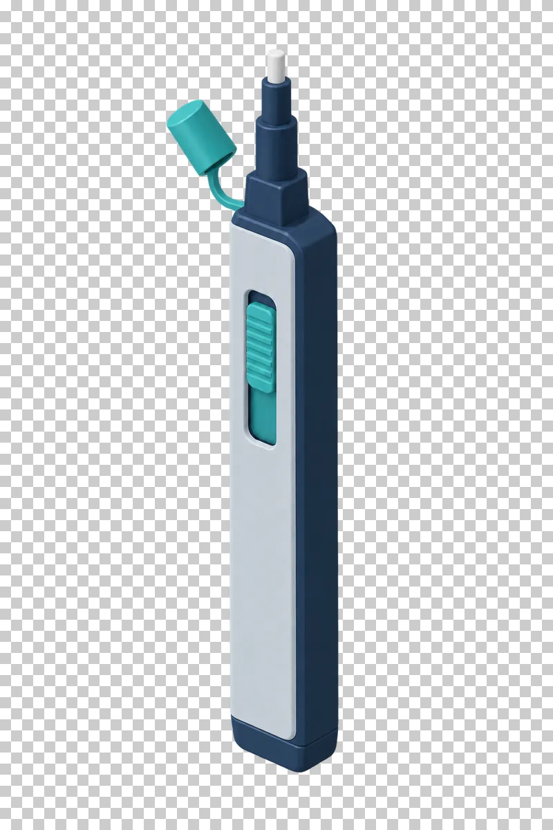 A slim navy and light gray fiber connector cleaner with a turquoise accent and a narrow cleaning tip.