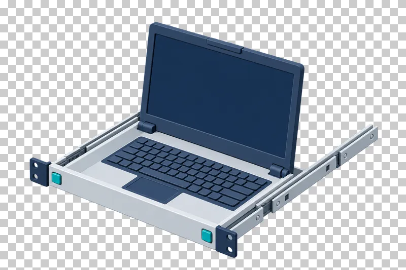An extended rack console with two straight slide rails, a blank dark screen and a shaped keyboard with a spacebar.
