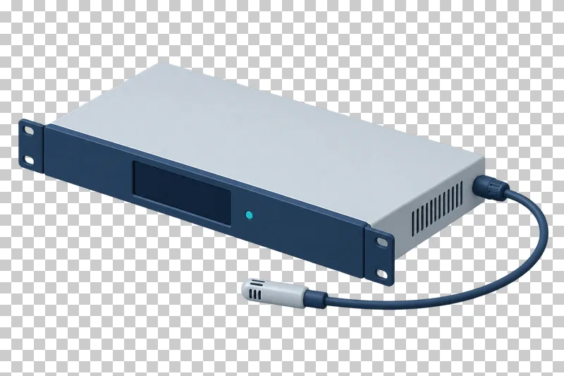 A slim rack temperature monitoring module with a blank dark display, small controls and mounting ears.