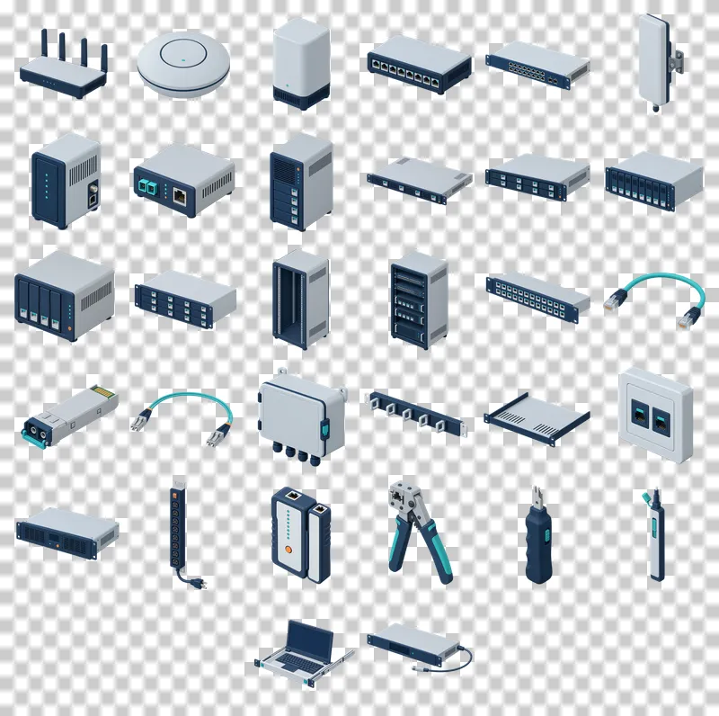 Isometric Network Infrastructure PNG Collection: all 32 elements in one grid