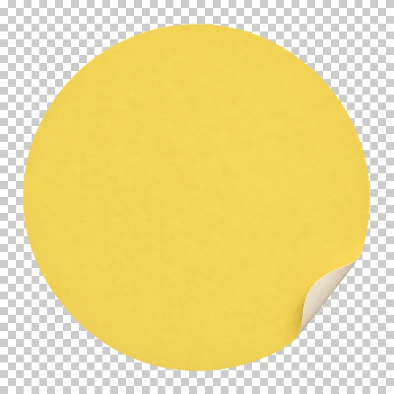 A blank yellow matte paper round sticker with a small peeled lower edge on a transparent background.