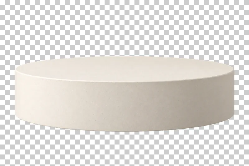 A low wide cylindrical display podium in matte cream plaster with an empty circular top.