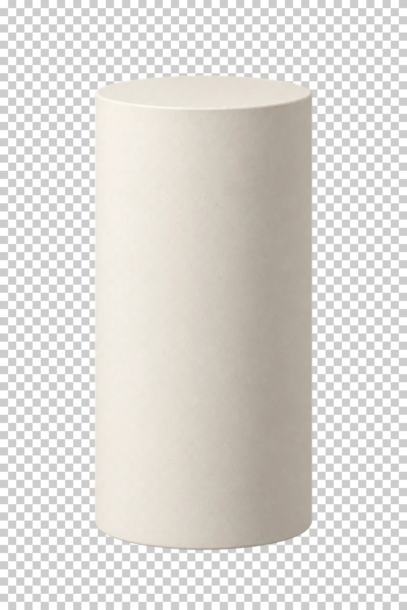 A tall narrow cream plaster cylinder with a flat empty circular top.