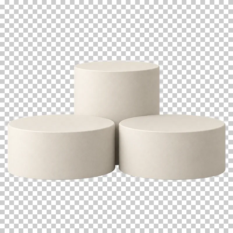 Three cream plaster cylinders in a triangular layout with two lower front cylinders and one taller rear cylinder.