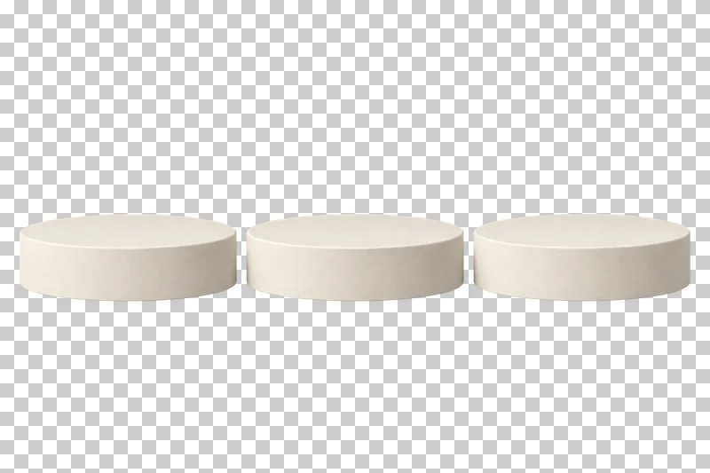 Three low cream plaster circular platforms aligned in one row at the same height.
