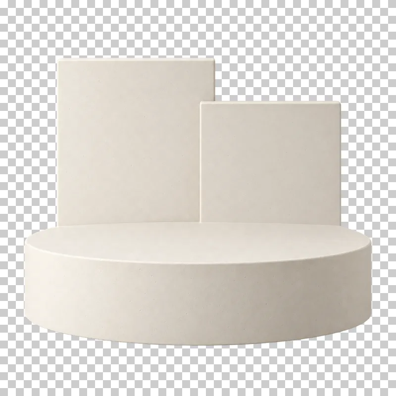 A low circular cream plaster platform with two offset rectangular rear panels of unequal heights.