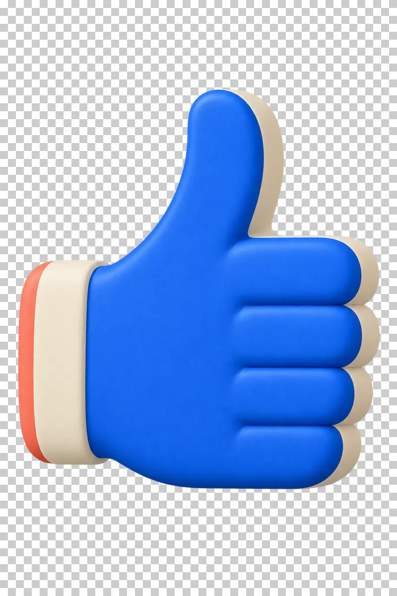 A cobalt thumbs-up hand with folded fingers and a cream cuff.