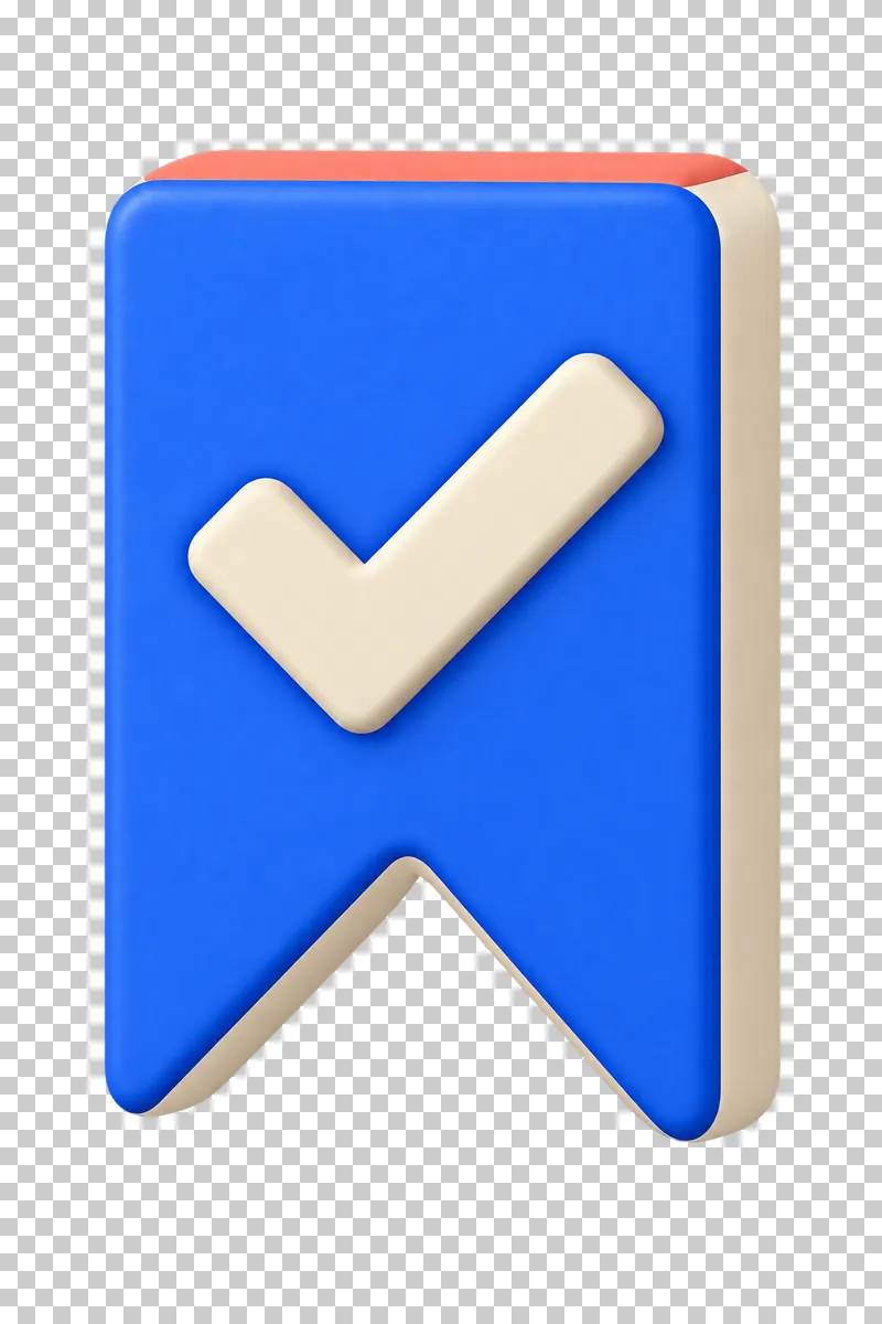 A cobalt bookmark ribbon with a large cream checkmark and V-shaped notch.