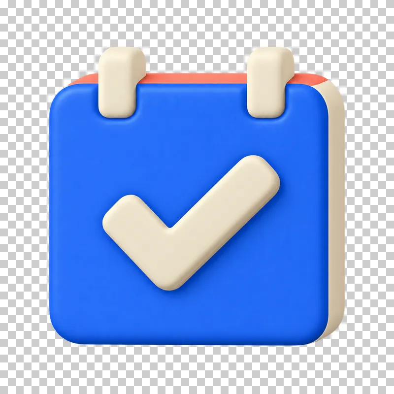 A cobalt calendar with a large cream checkmark and simple binding loops.