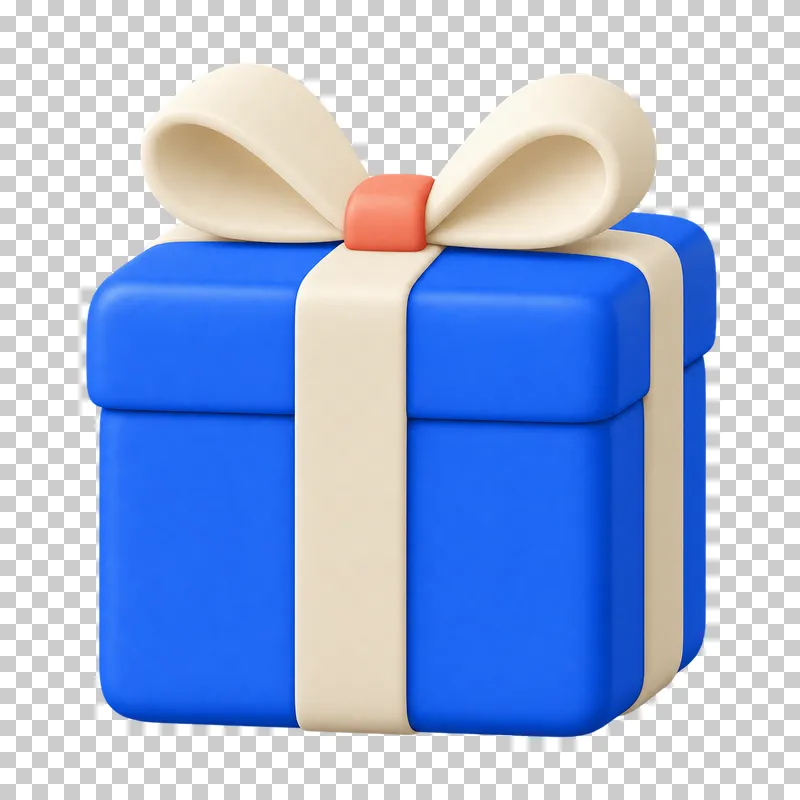 A cobalt gift box with a cream ribbon and bow.