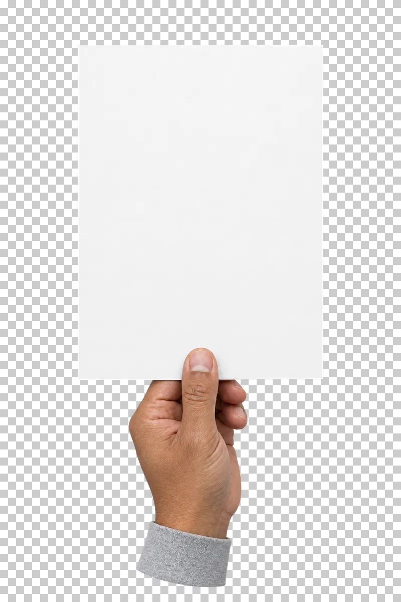 An adult hand supporting the lower edge of a blank white portrait sheet.