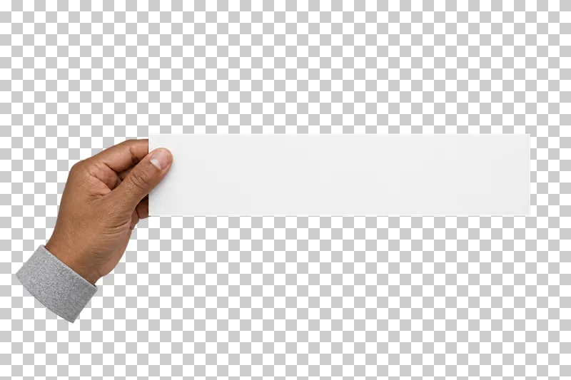 An adult hand gripping the left end of a wide blank white message strip.