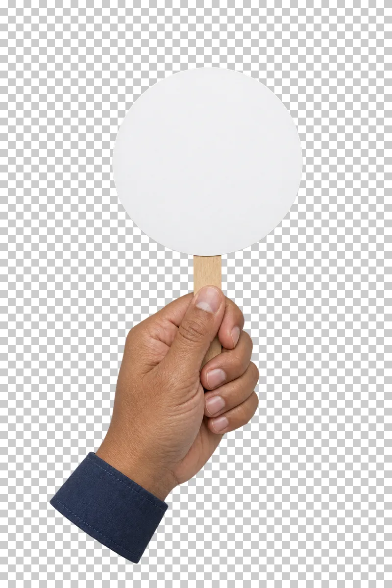 An adult hand holding a blank round white sign on a short wooden handle.