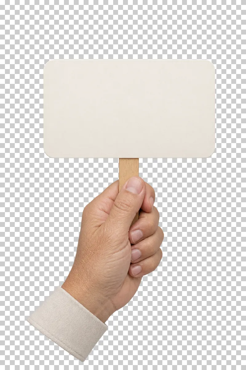 An adult hand holding a blank cream sign with rounded corners on a wooden handle.