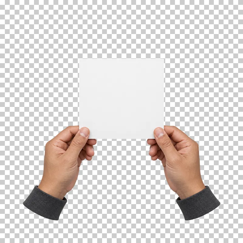 Two adult hands supporting a blank white square card at its lower corners.