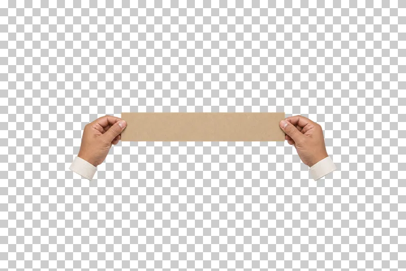 Two adult hands gripping opposite ends of a wide blank kraft message strip.