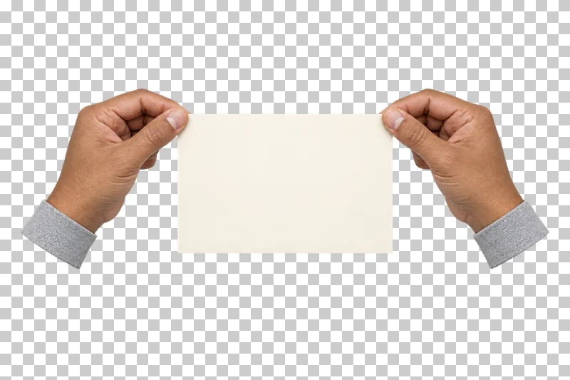 Two adult hands lifting a blank cream sheet by its upper corners.