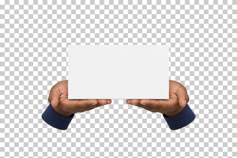 Two open adult palms supporting a blank rigid white board from below.