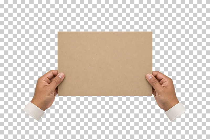 Two adult hands presenting a large blank light kraft board.