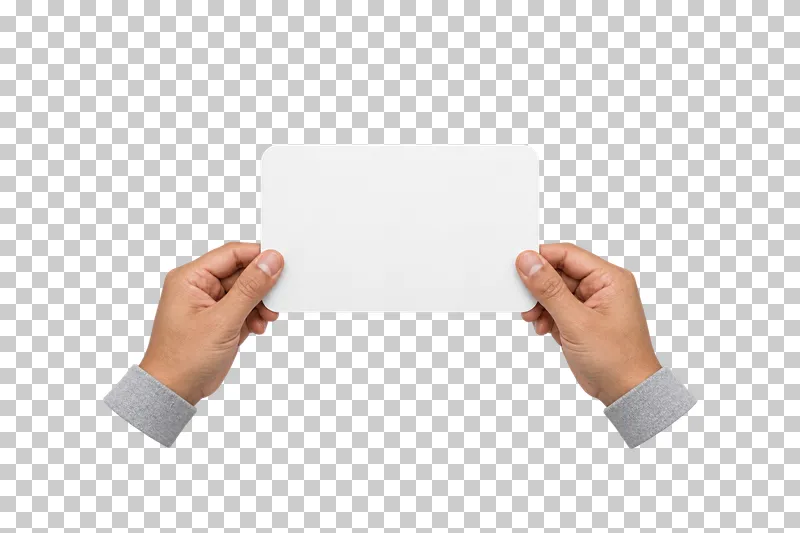 Two adult hands holding a blank white board with rounded corners.