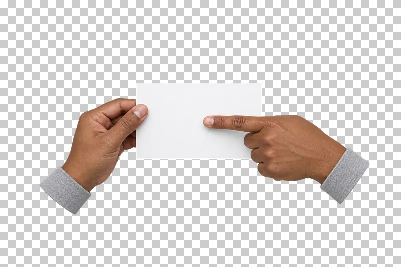 One adult hand holding a blank white landscape card while a second hand points at its center.