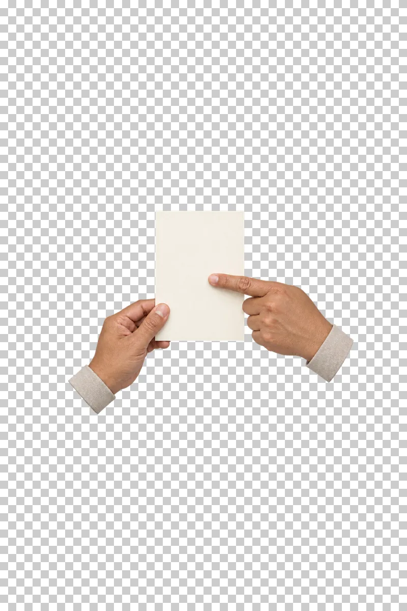 One adult hand holding a blank cream portrait card while a second hand points at its center.